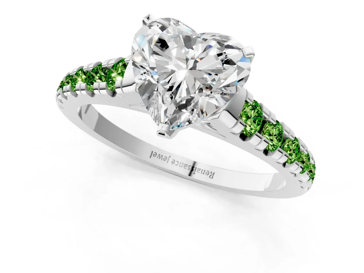 Heart Cut Diamond Cathedral Solitaire Ring with Round Peridot Pavé Band Silver