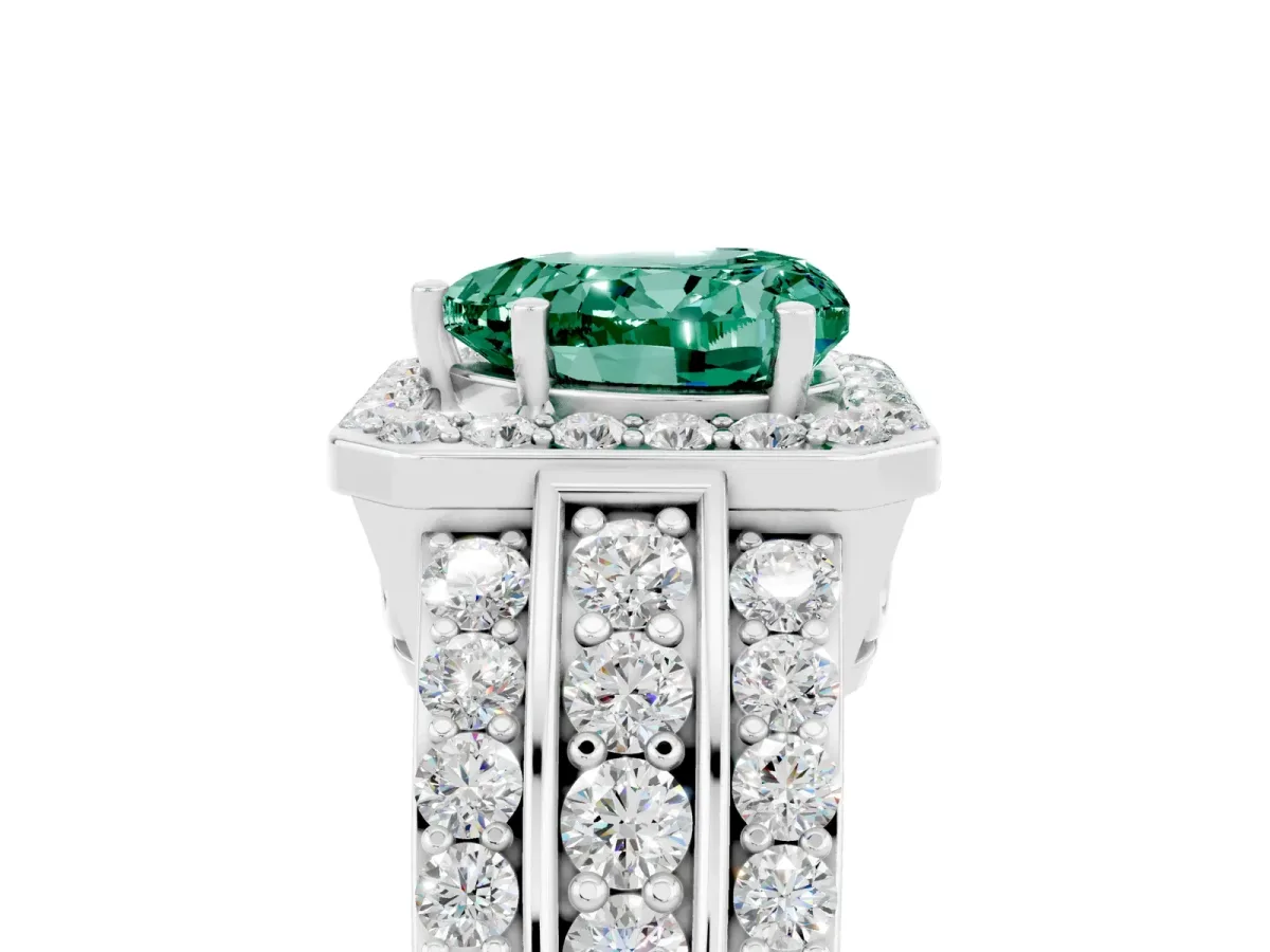 Heart Cut Halo Green Sapphire Ring with Round Split Shank and Prong Setting Silver