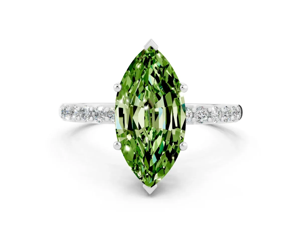 Marquise Cut Peridot Solitaire Ring with Round Pavé Band and Prong Setting Silver