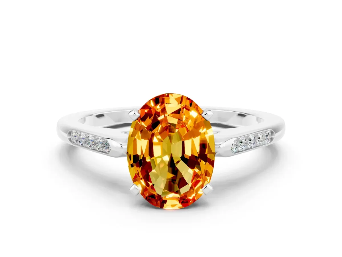 Oval Cut Citrine Solitaire Ring with Channel Set Round Band and Prong Setting Silver
