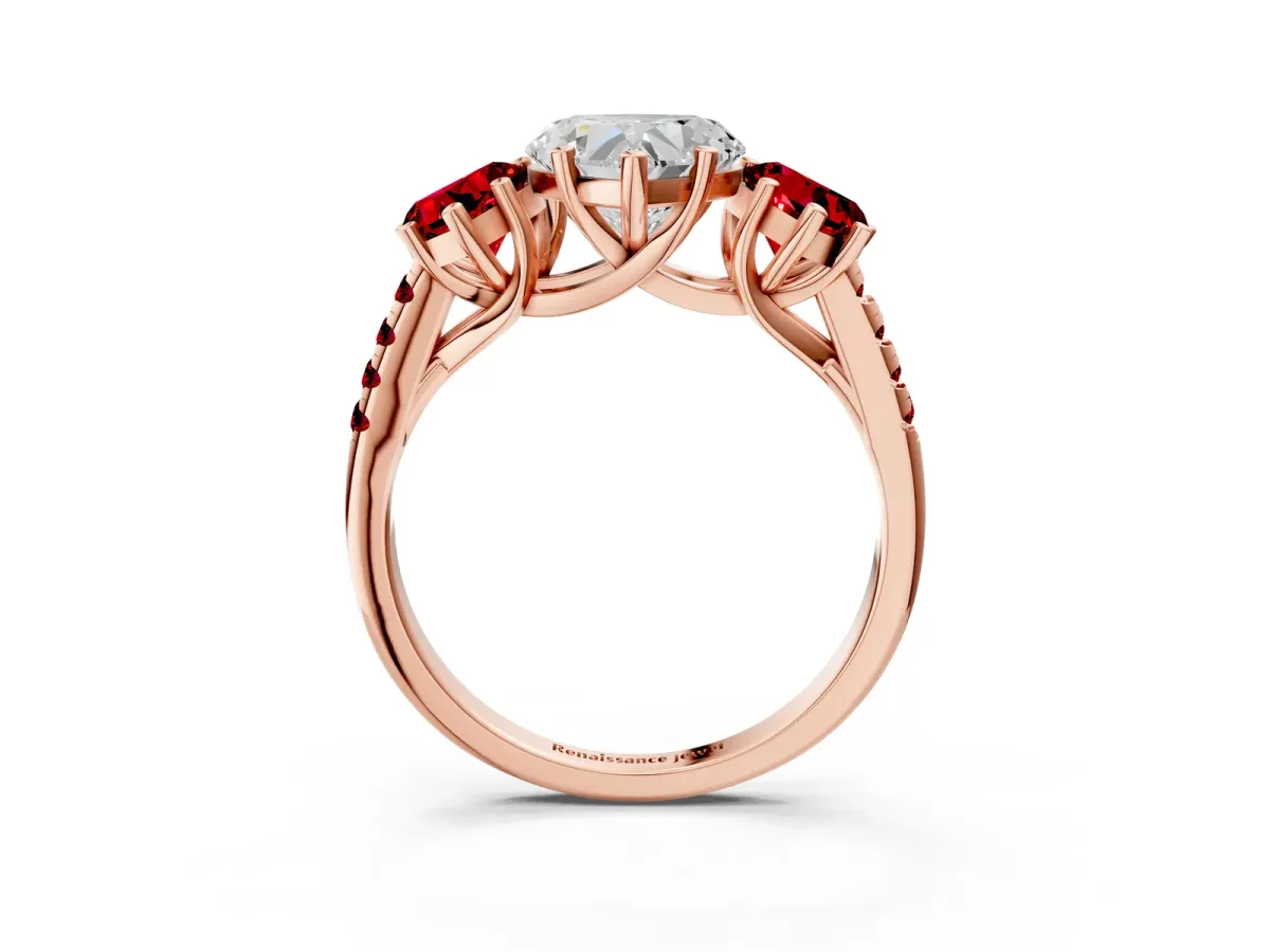 Three-Stone Heart Cut Diamond Ring with Round Ruby Pavé Band and Prong Setting Rose gold