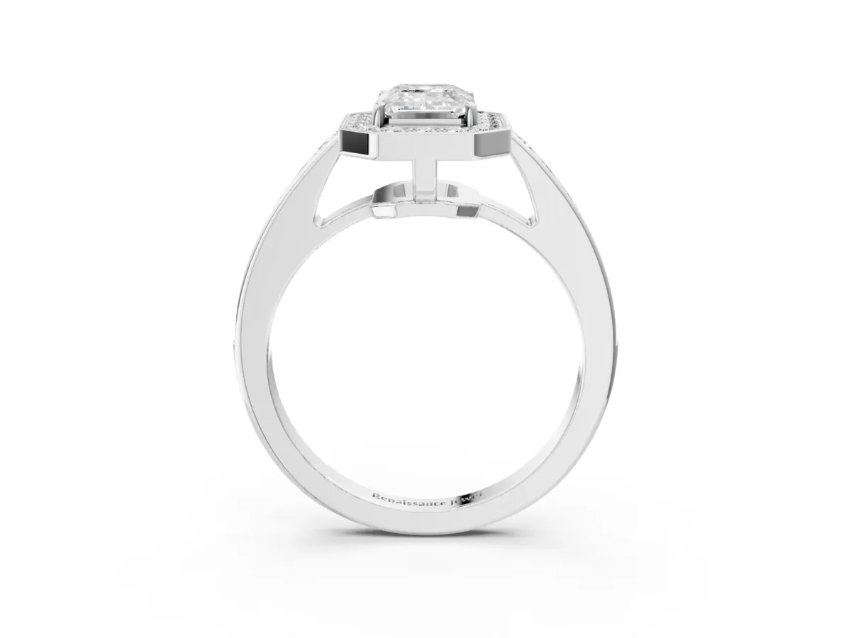 Emerald Cut Halo Pavé Diamond Engagement Ring with Bezel Setting Silver