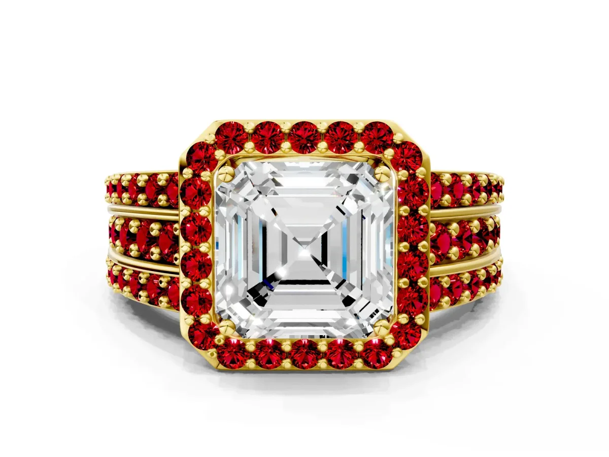 Asscher Cut Halo Diamond Ring with Round Ruby Split Shank and Prong Setting Yellow gold