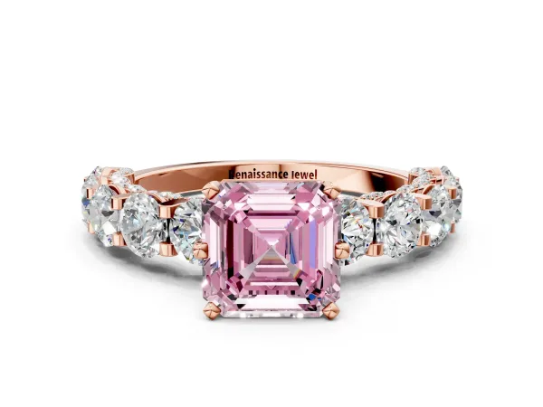 Fancy Pink Asscher Cut Diamond Side Stone Engagement Ring with Four-Prong Setting Rose gold