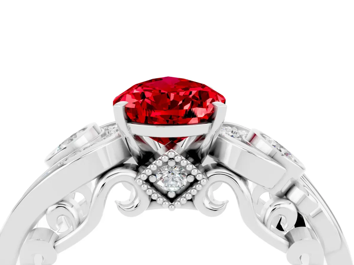 Pear Cut Ruby Solitaire Ring with Milgrain Pavé Band and Four-Prong Setting Platinum
