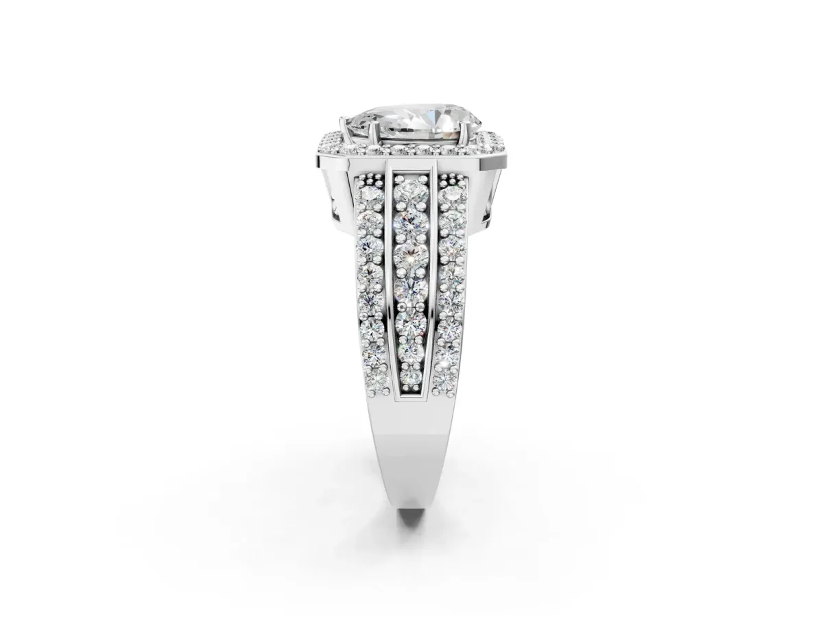 Pear Cut Halo Diamond Ring with Round Split Shank and Prong Setting Platinum