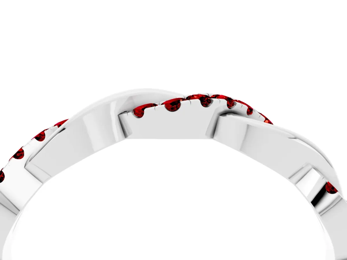 Pavé Round Ruby Twist Eternity Band with Shared Prong Setting Silver