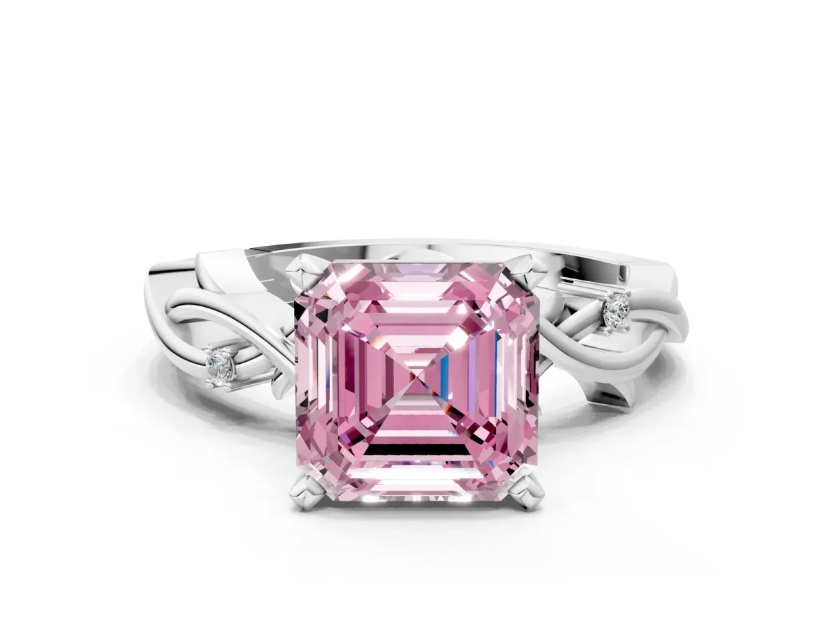 Fancy Pink Asscher Cut Diamond Solitaire Ring with Twisted Band and Prong Setting Platinum