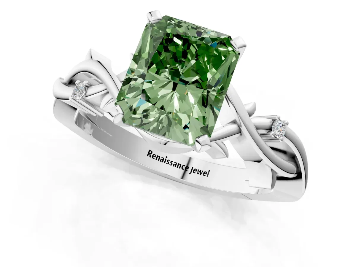 Fancy Green Radiant Cut Diamond Solitaire Ring with Twisted Band and Prong Setting Silver