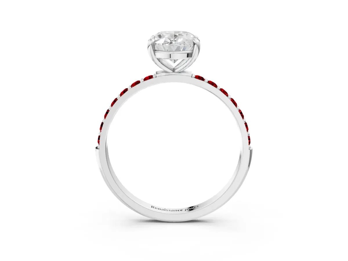 Oval Cut Diamond Solitaire Ring with Round Ruby Pavé Band and Prong Setting White gold