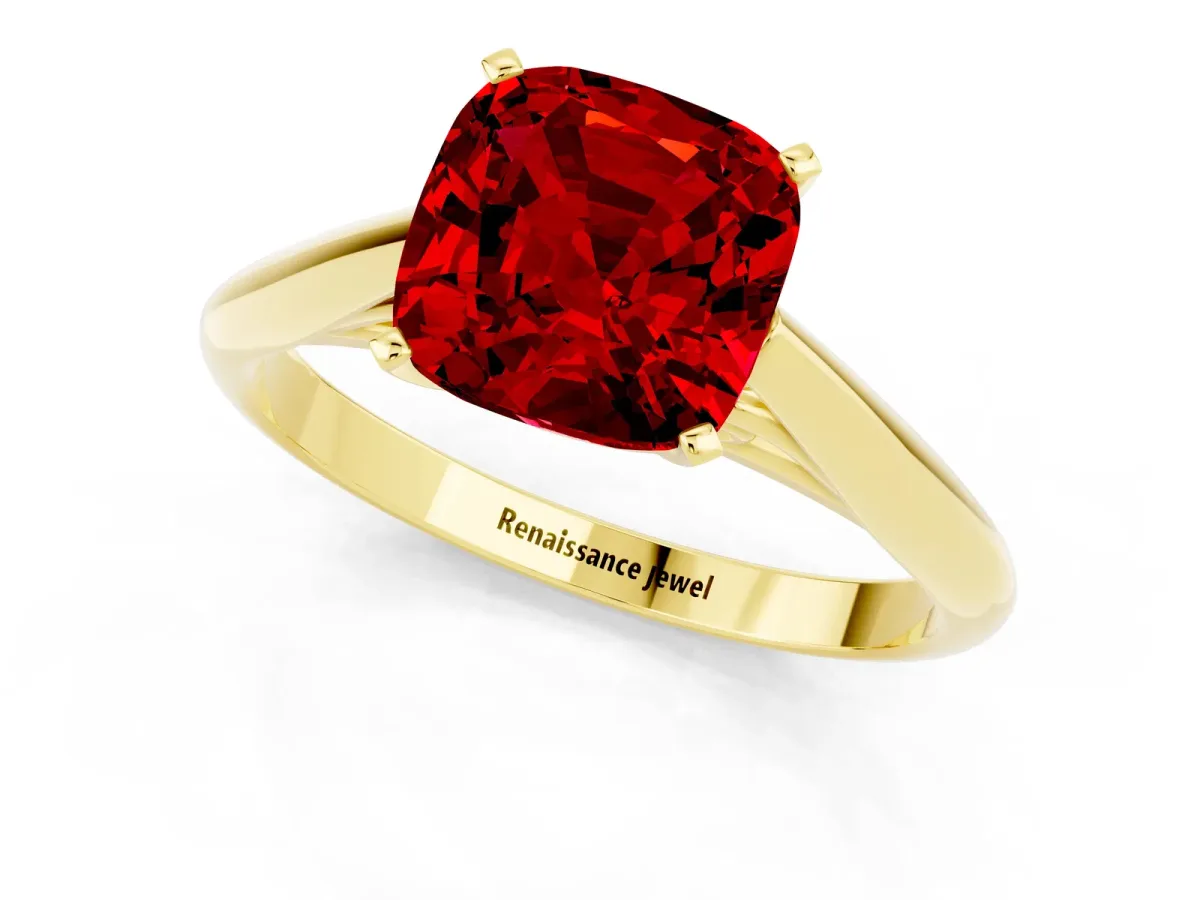 Cushion Cut Ruby Solitaire Engagement Ring with Cathedral Setting and Four-Prong Mount Yellow gold
