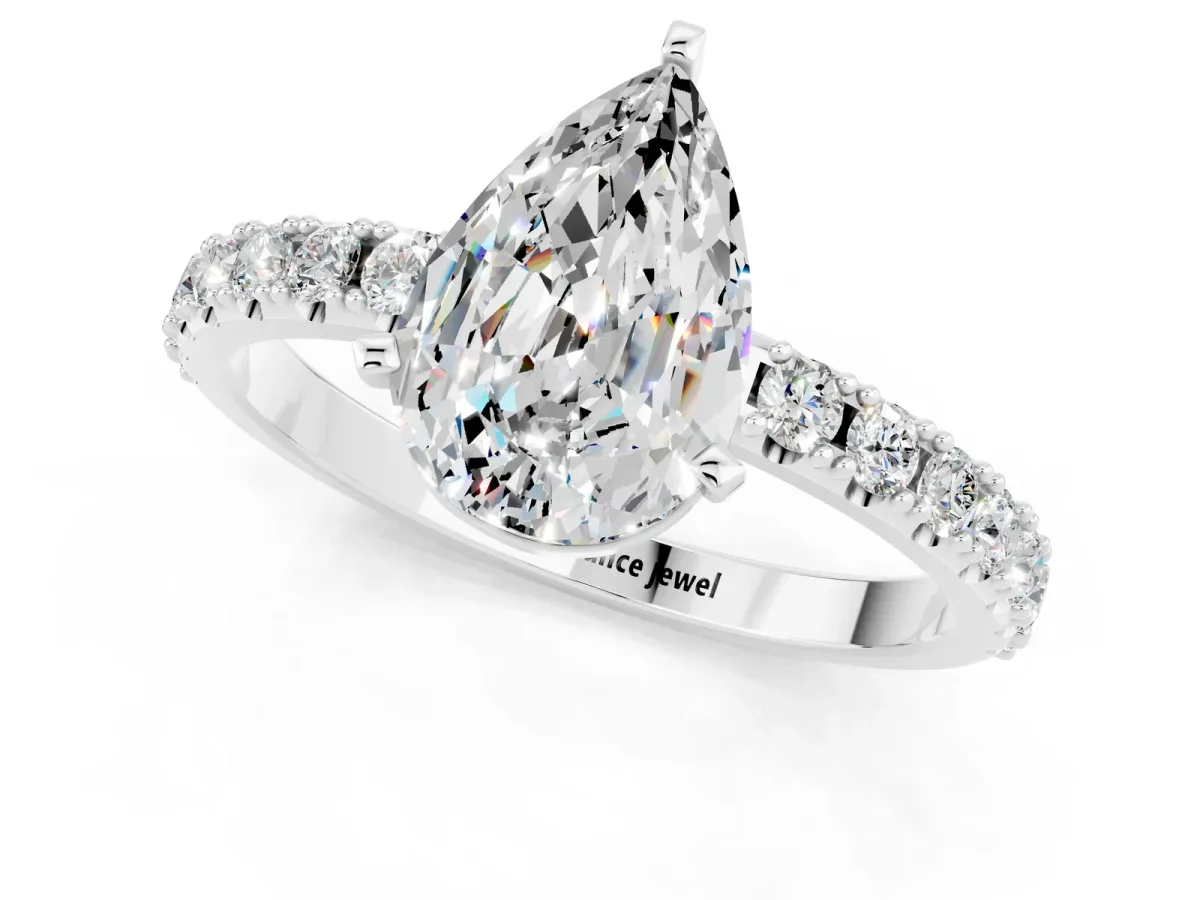 Pear Cut Moissanite Solitaire Pavé Band with Four-Prong Setting Silver