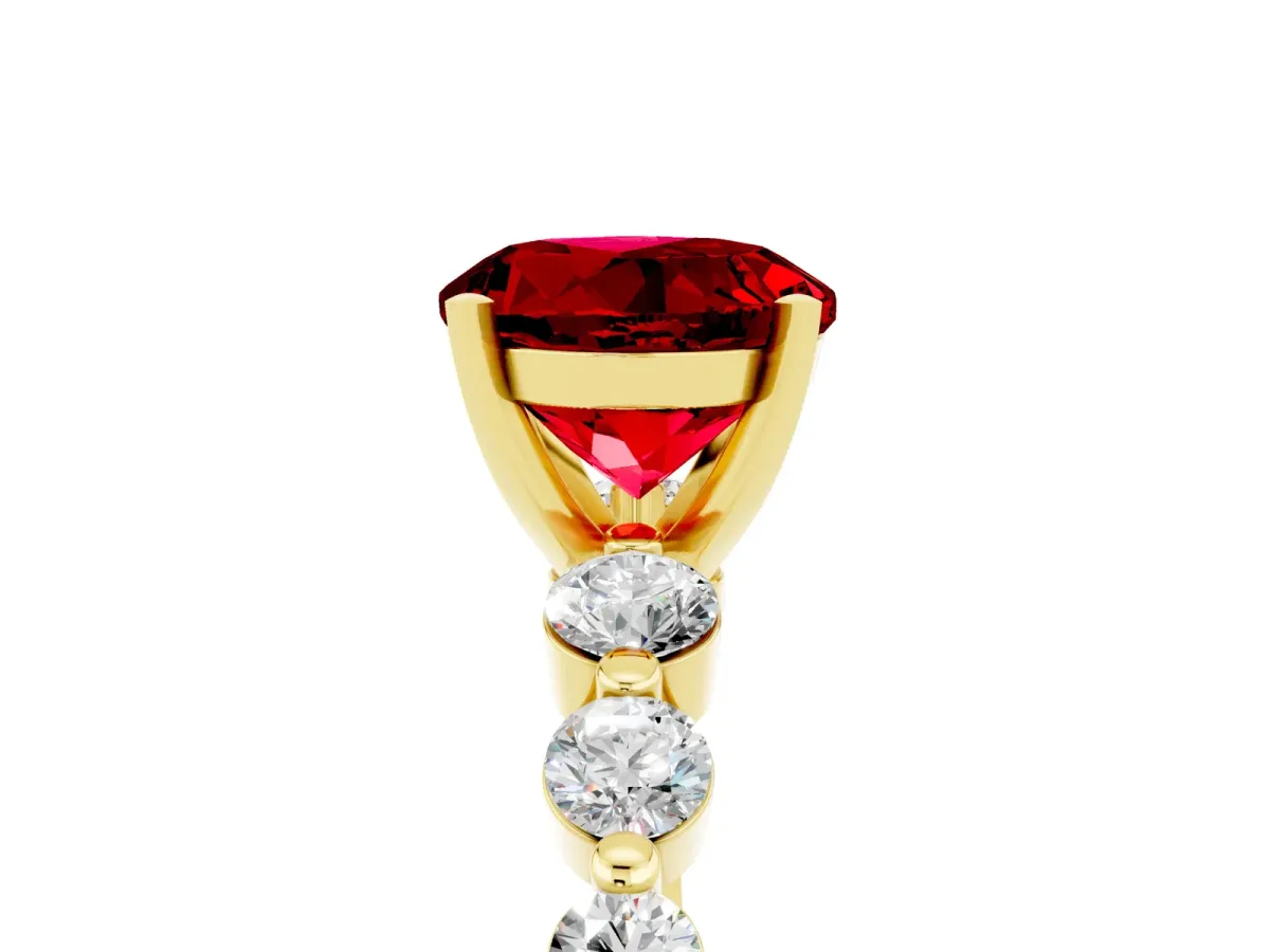 Round Cut Solitaire Ruby Ring with Pave Band and Four-Prong Setting Yellow gold