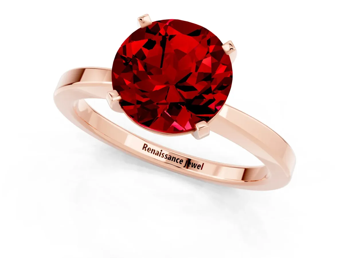 Round Cut Ruby Solitaire Engagement Ring with Classic Band and Four-Prong Setting Rose gold