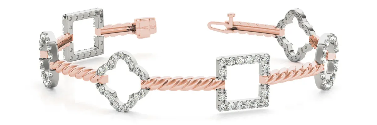 Square and Clover Diamond Pave Twisted Cable Bracelet Rose gold