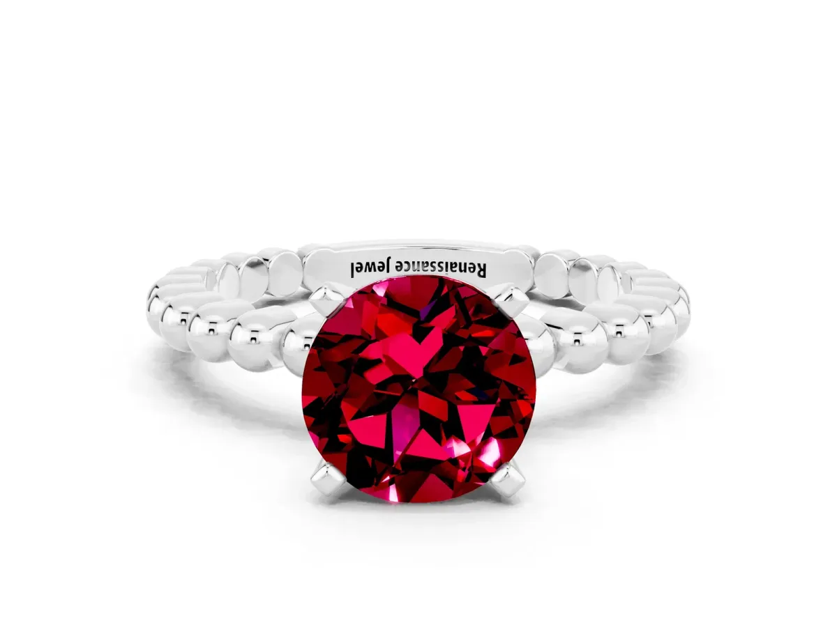 Round Cut Garnet Solitaire Ring with Beaded Band and Prong Setting Silver