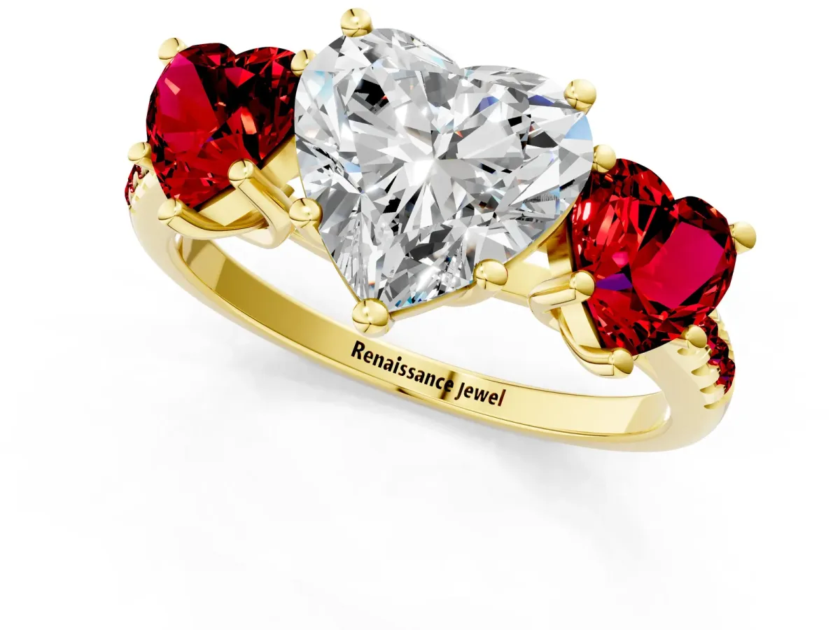 Three-Stone Heart Cut Diamond Ring with Round Ruby Pavé Band and Prong Setting Yellow gold