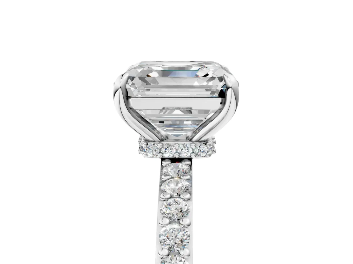 Asscher Cut Diamond Solitaire Engagement Ring with Pavé Band and Four-Prong Setting Silver