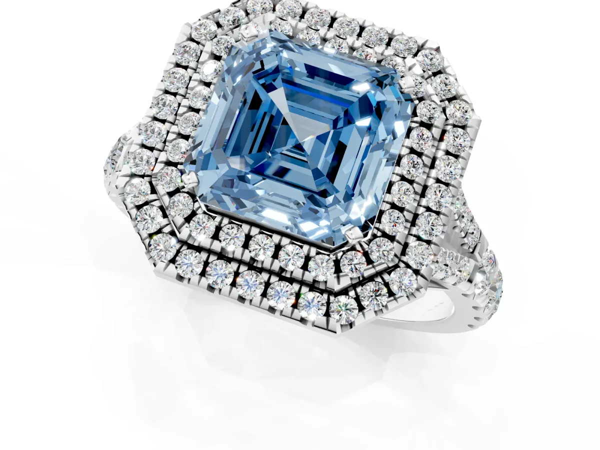 Fancy Blue Asscher Cut Diamond Pavé Split Shank Double Halo Engagement Ring Platinum