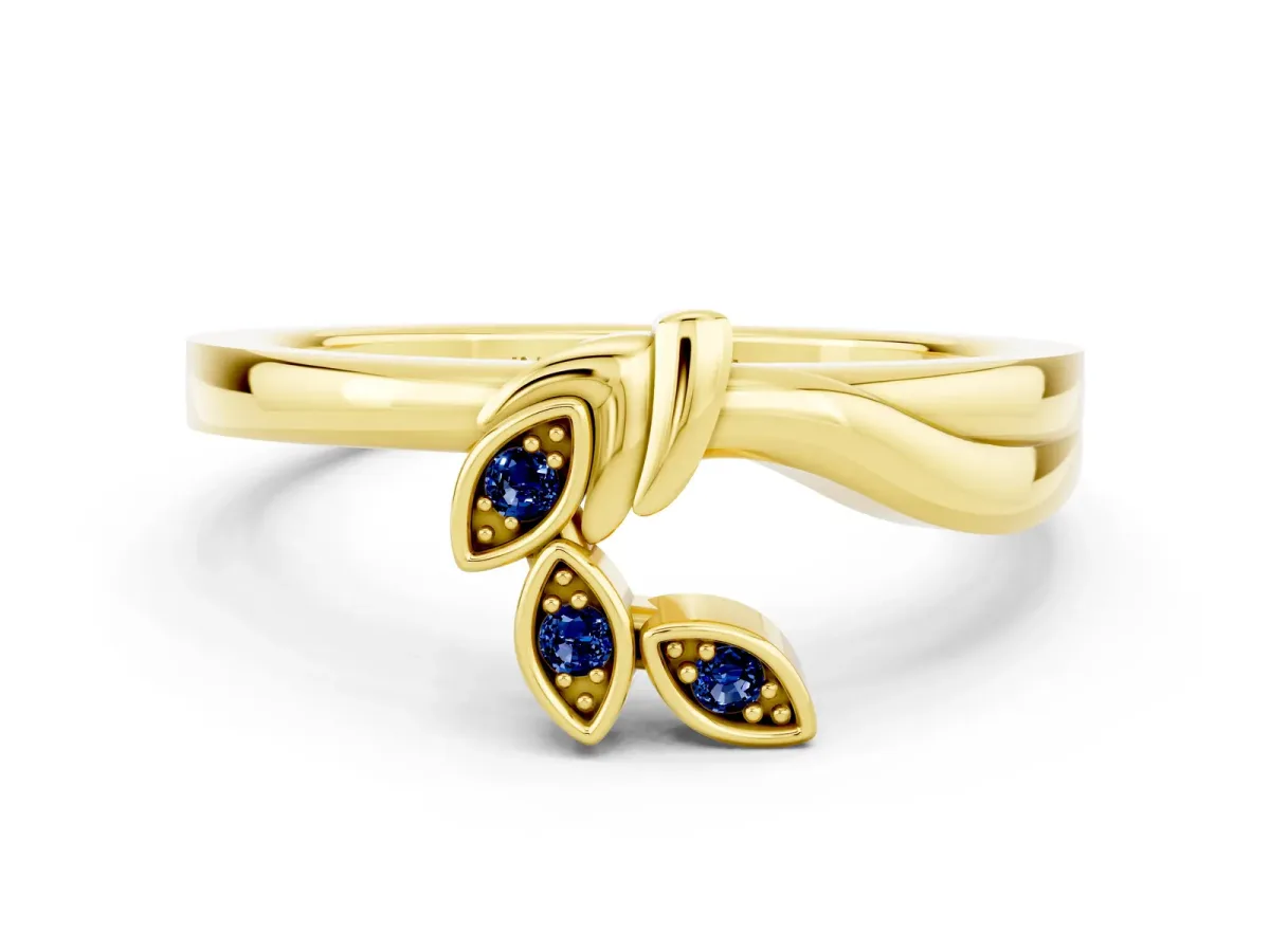 Three-Stone Round Blue Sapphire Leaf Bypass Ring with Bezel Setting Yellow gold