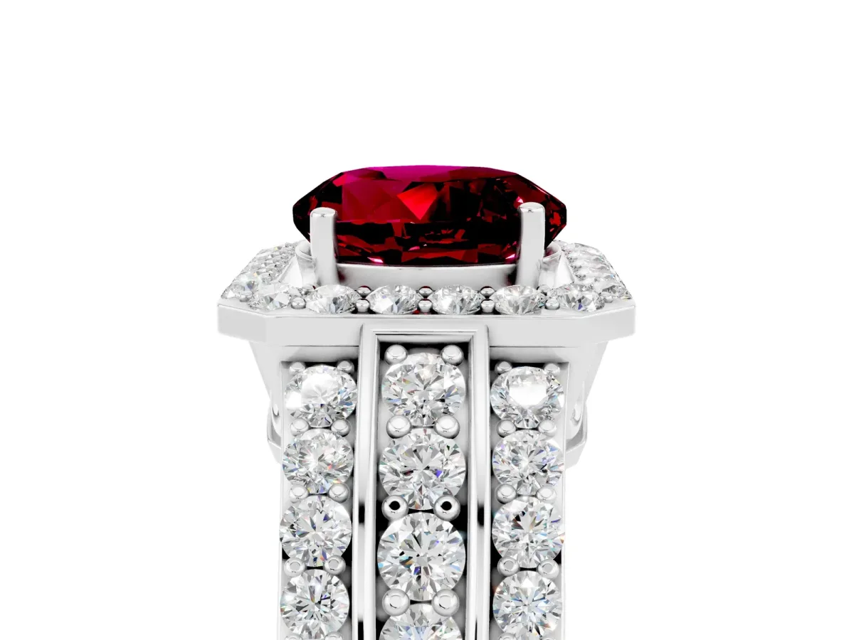Round Cut Halo Garnet Ring with Round Split Shank and Prong Setting White gold