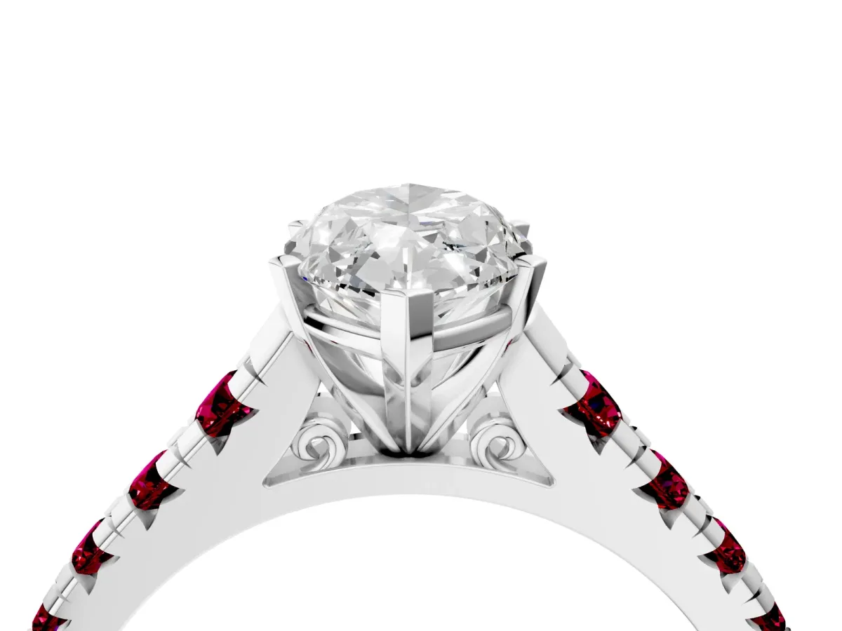 Marquise Cut Diamond Cathedral Solitaire Ring with Round Garnet Pavé Band Silver