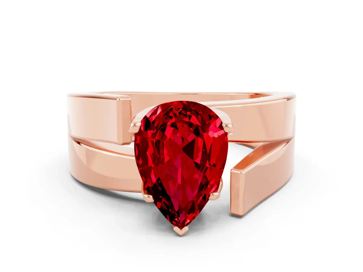 Modern Tension Set Pear Cut Ruby Solitaire Wide Band Ring Rose gold