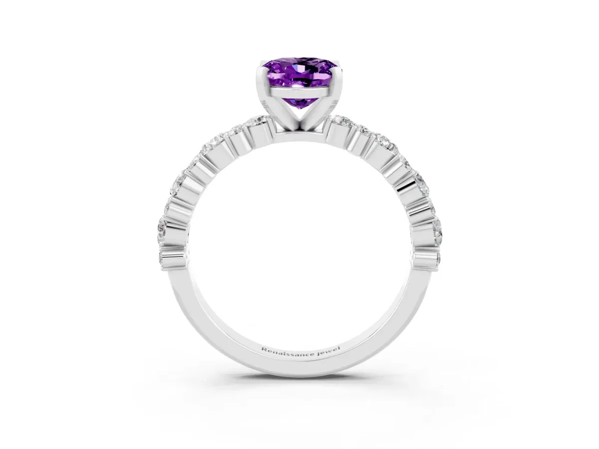 Oval Cut Amethyst Side Stone Solitaire Ring with Round and Four-Prong Setting Silver