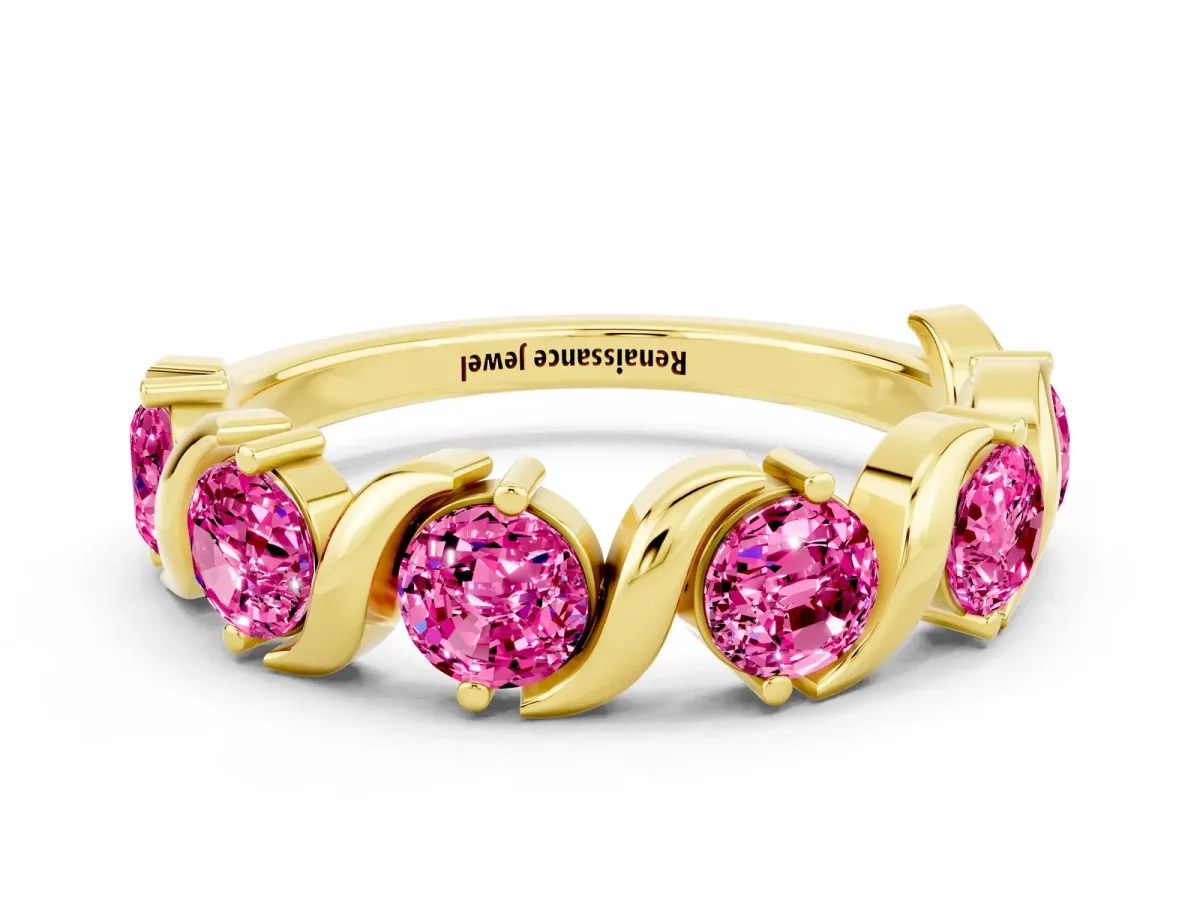 Six-Stone Round Pink Sapphire Wave Band with Shared Prong Setting Yellow gold