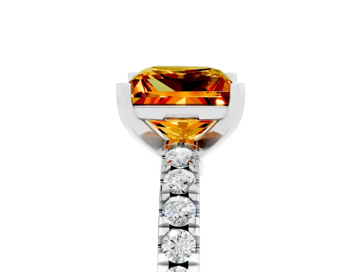 Princess Cut Solitaire Citrine with Pavé Band and Four-Prong Setting Silver