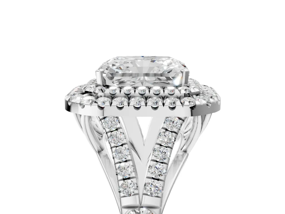 Radiant Cut Diamond Pavé Split Shank Double Halo Engagement Ring Platinum