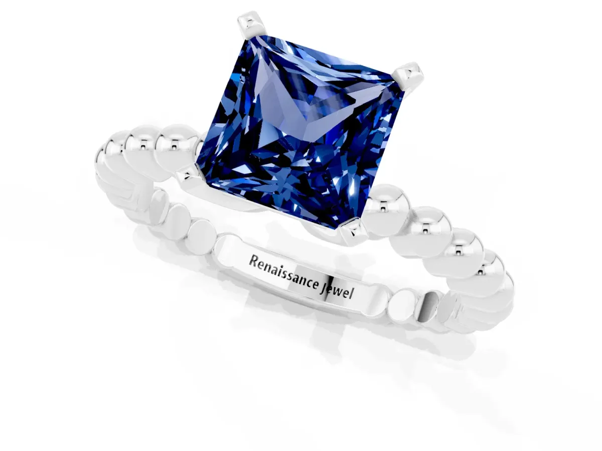 Princess Cut Blue Sapphire Solitaire Ring with Beaded Band and Prong Setting Platinum