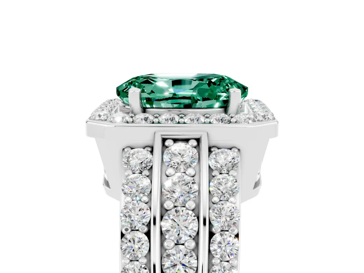 Oval Cut Halo Green Sapphire Ring with Round Split Shank and Prong Setting Silver