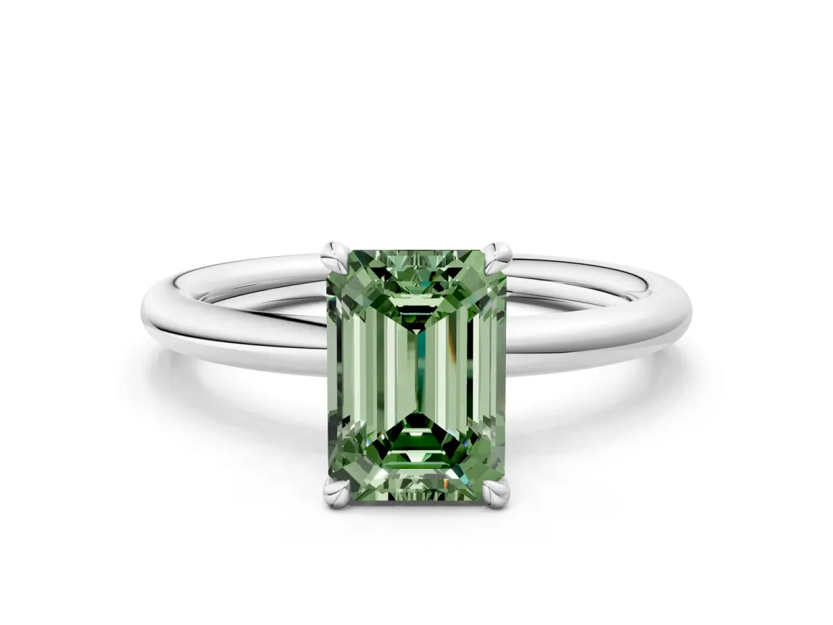 Fancy Green Emerald Cut Diamond Solitaire Ring with Thin Band and Four-Prong Setting White gold