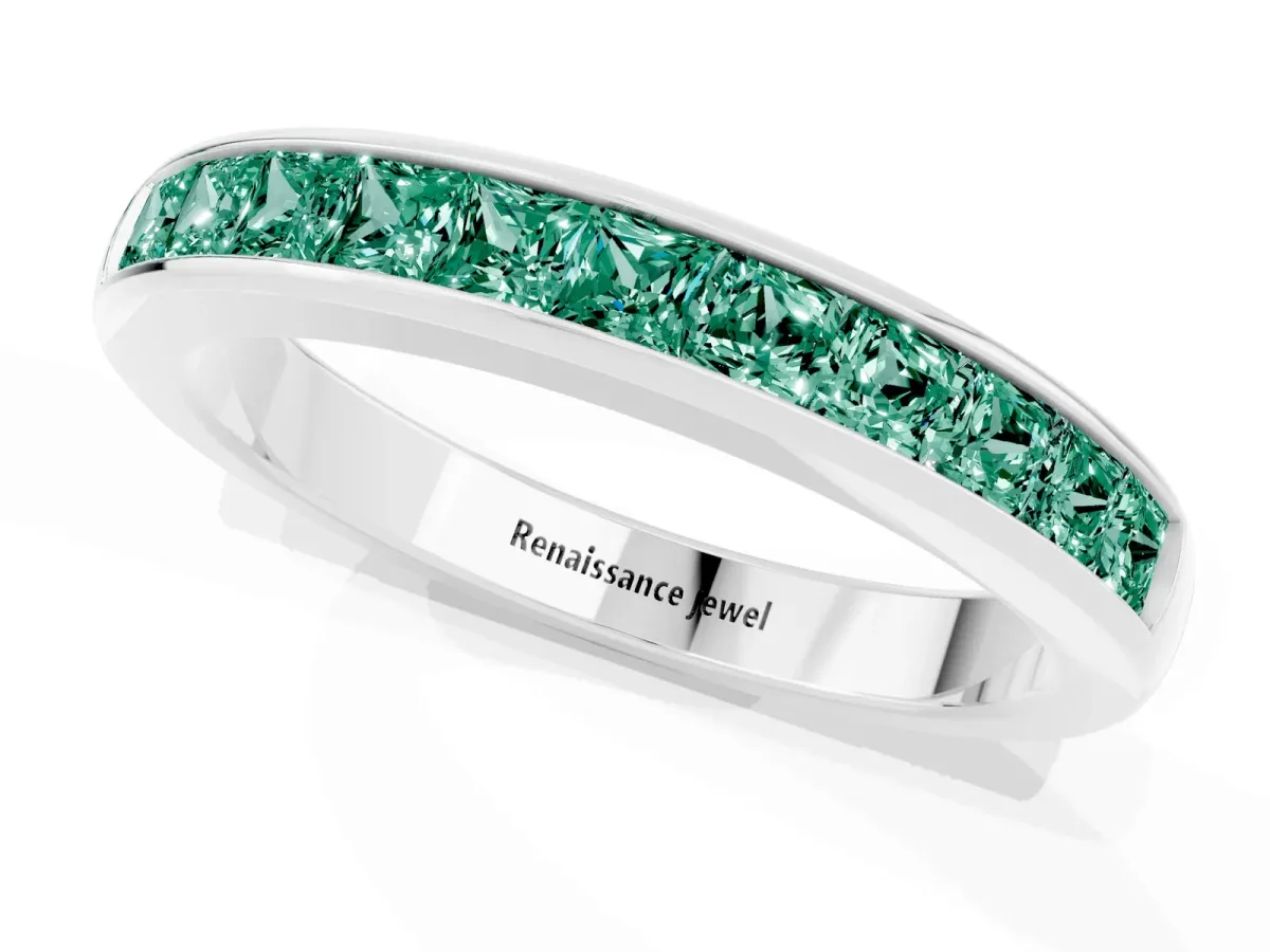Channel Set Princess Cut Green Sapphire Eternity Band Silver