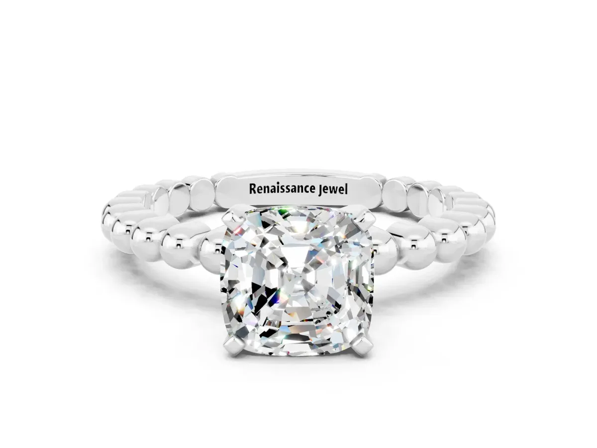 Cushion Cut Moissanite Solitaire Ring with Beaded Band and Prong Setting Silver