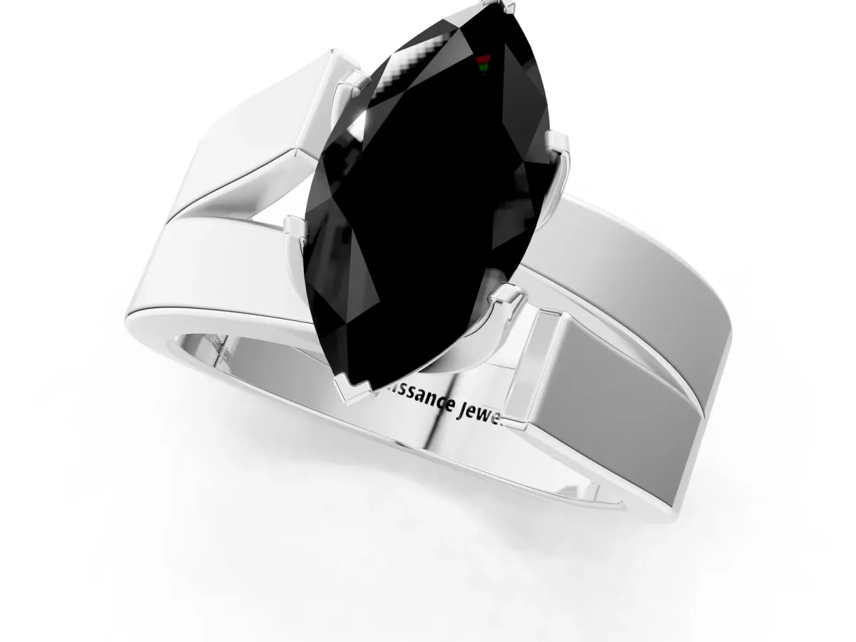 Fancy Black Modern Tension Set Marquise Cut Diamond Solitaire Wide Band Ring Silver