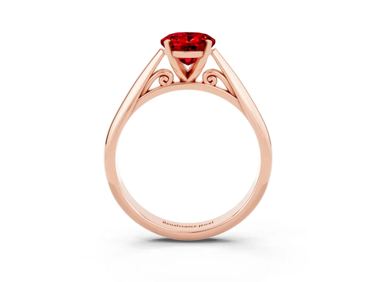 Oval Cut Ruby Solitaire Engagement Ring with Cathedral Setting and Four-Prong Mount Rose gold