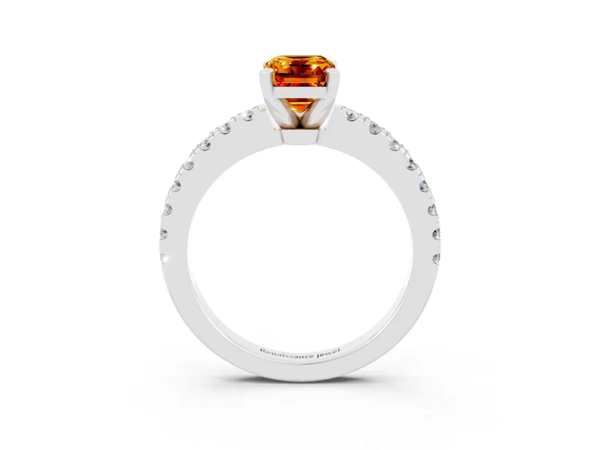 Emerald Cut Solitaire Citrine with Pavé Band and Four-Prong Setting Silver