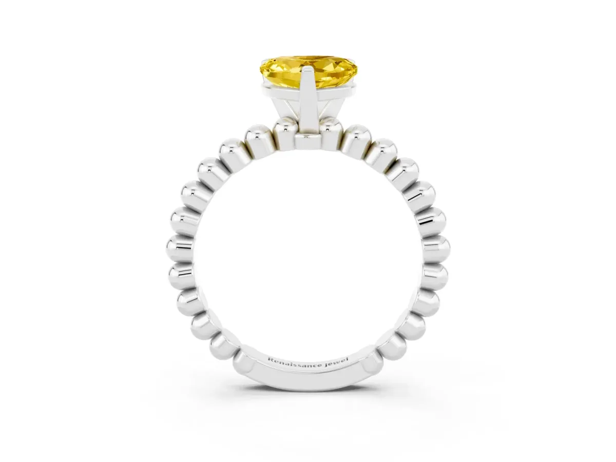 Heart Cut Yellow Sapphire Solitaire Ring with Beaded Band and Prong Setting Silver