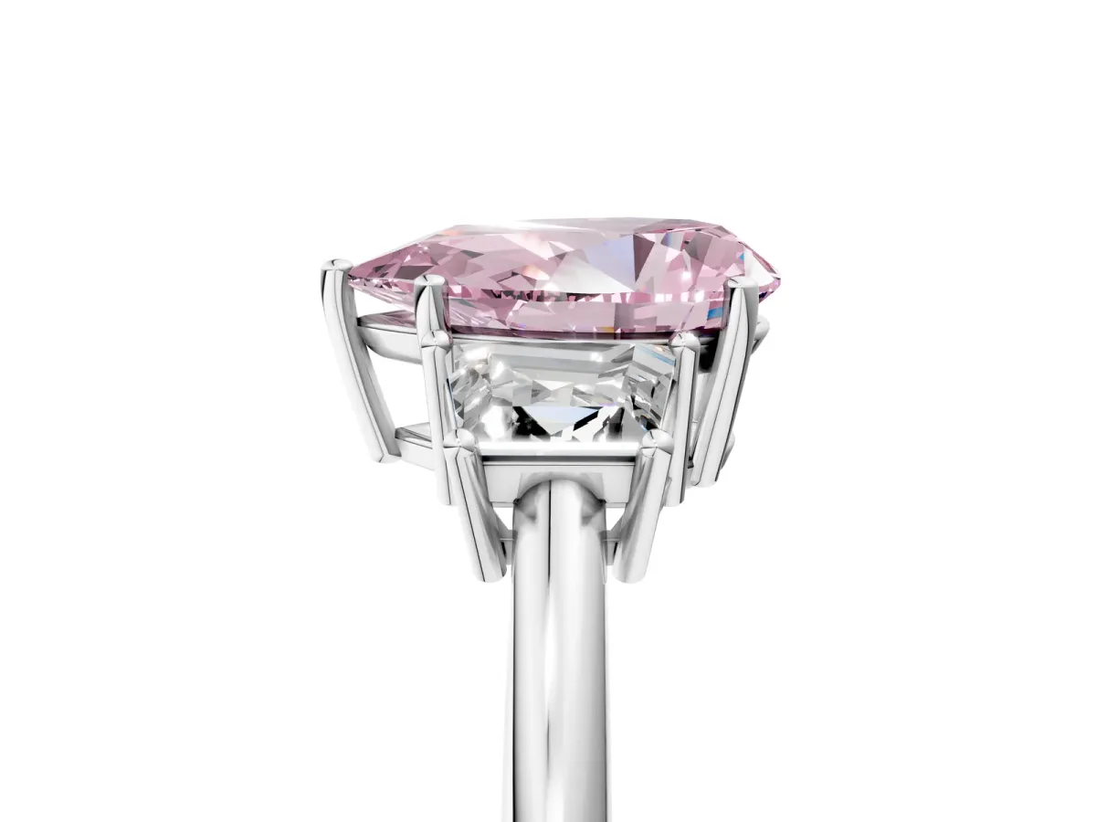 Fancy Pink Pear Cut Diamond Three-Stone Ring with Trapezoid Side Stones and Prong Setting Silver