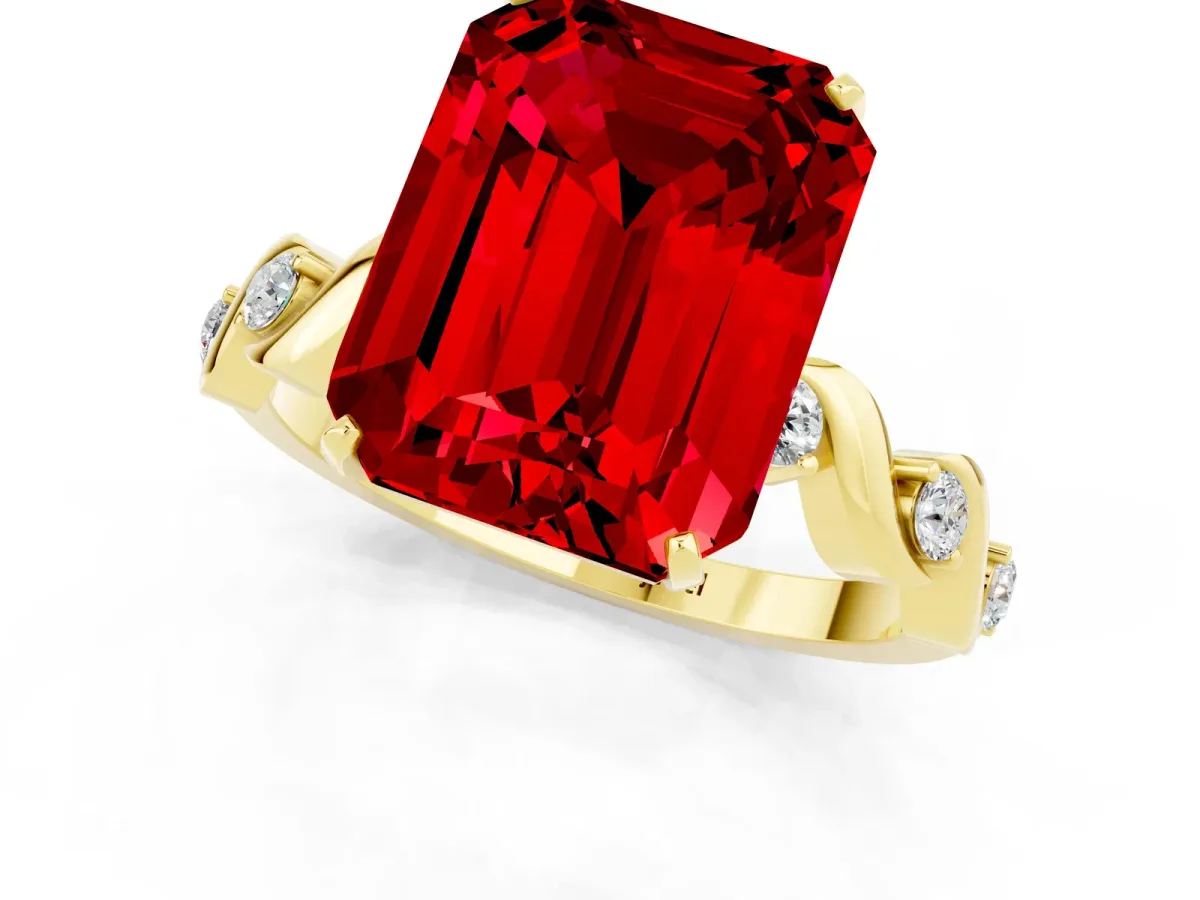 Emerald Cut Ruby Solitaire Twisted Band with Round Accents and Prong Setting Yellow gold