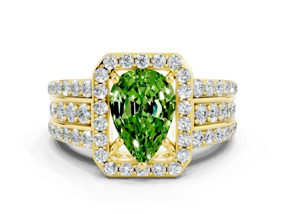 Pear Cut Halo Peridot Ring with Round Split Shank and Prong Setting Yellow gold