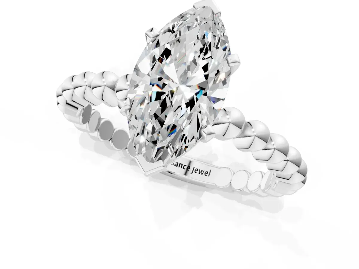 Marquise Cut Diamond Solitaire Ring with Beaded Band and Prong Setting Silver