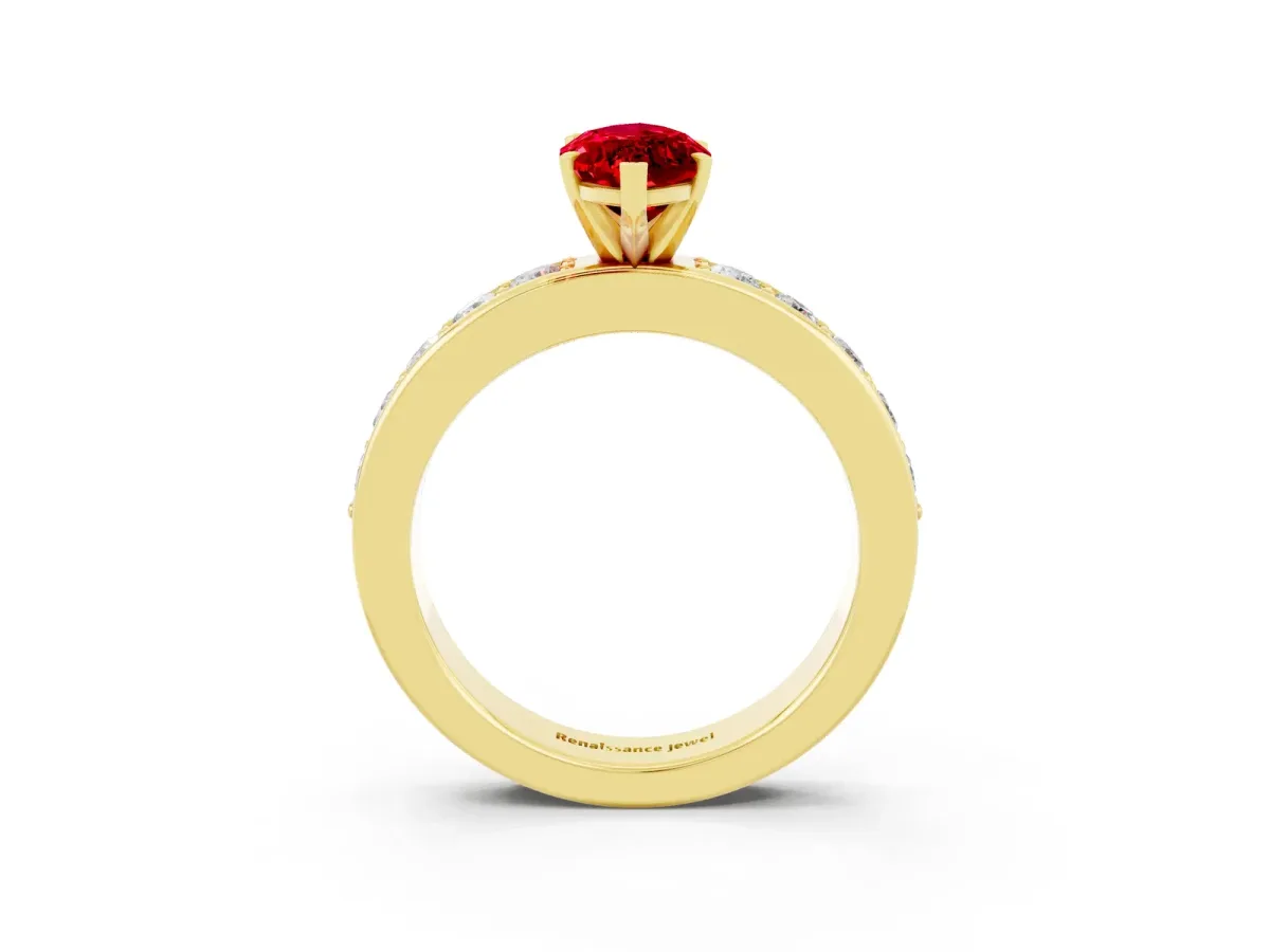 Marquise Cut Ruby Engagement Ring with Channel Set Round Band and Prong Setting Yellow gold