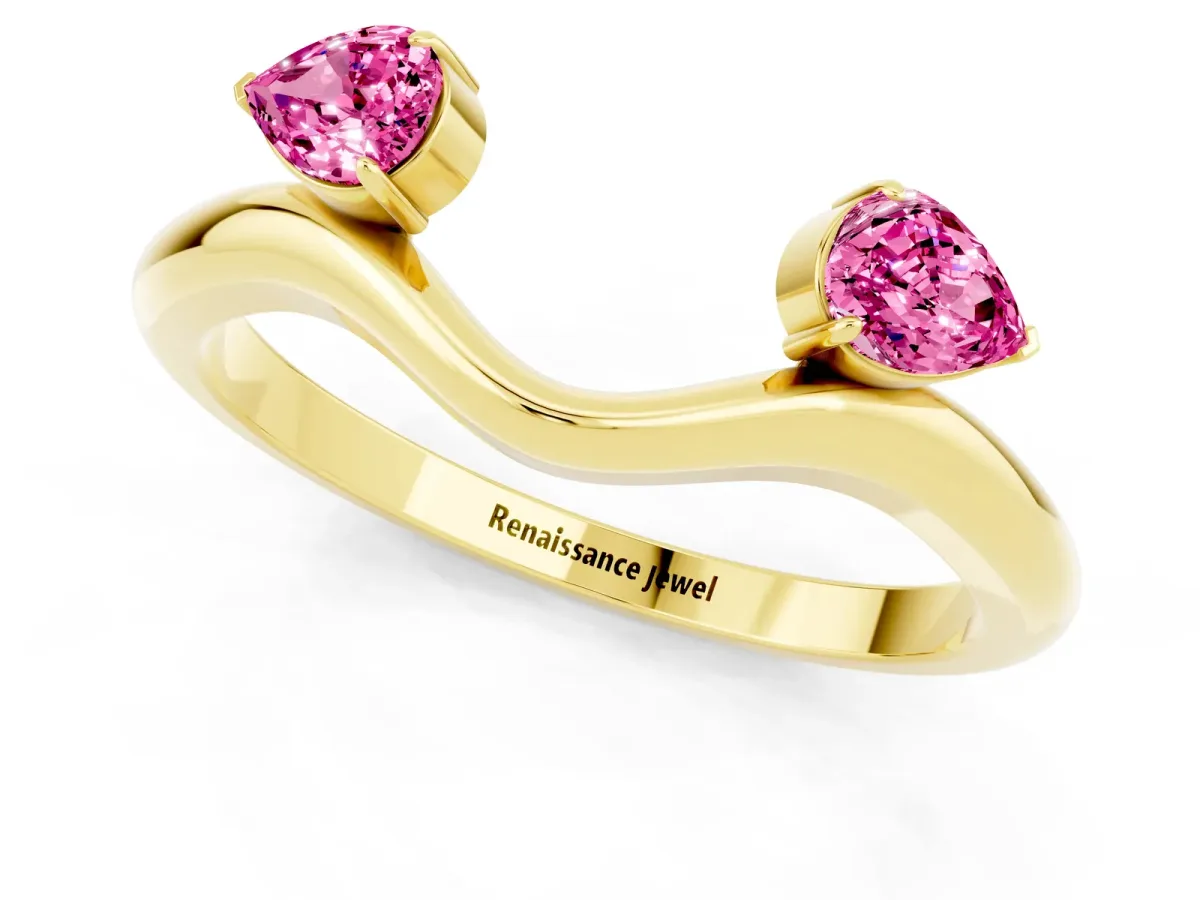 Pear Cut Pink Sapphire Two-Stone Open Band Ring with Prong Setting Yellow gold