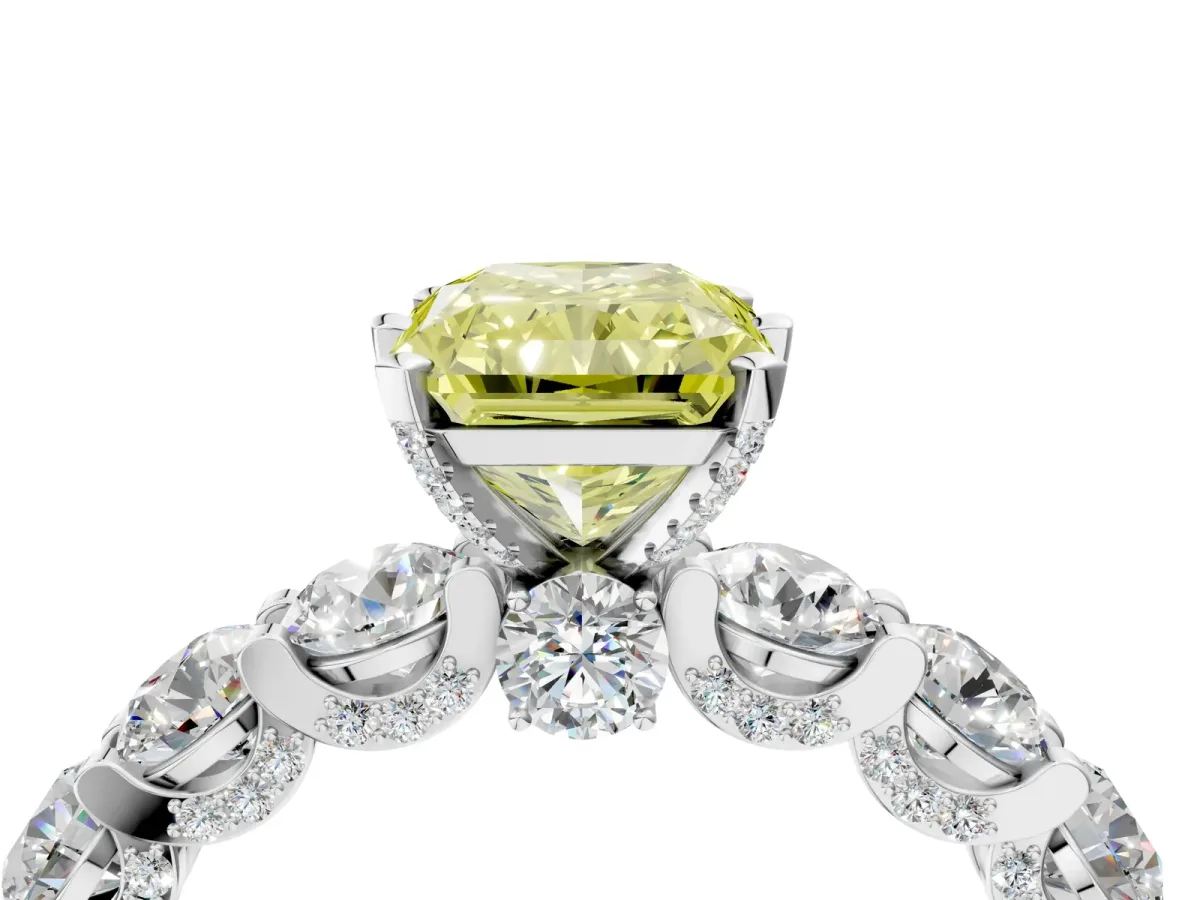 Fancy Yellow Radiant Cut Diamond Side Stone Engagement Ring with Four-Prong Setting White gold
