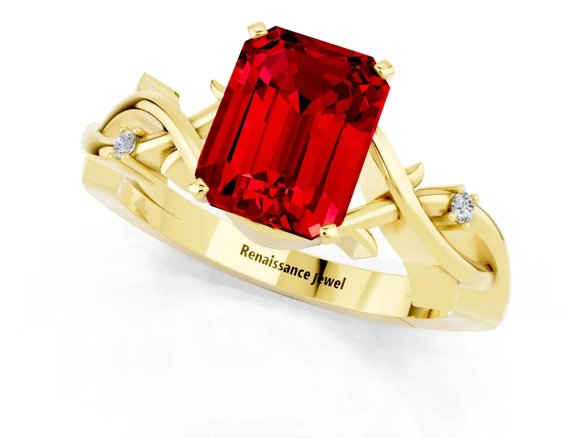 Emerald Cut Ruby Solitaire Ring with Twisted Band and Prong Setting Yellow gold