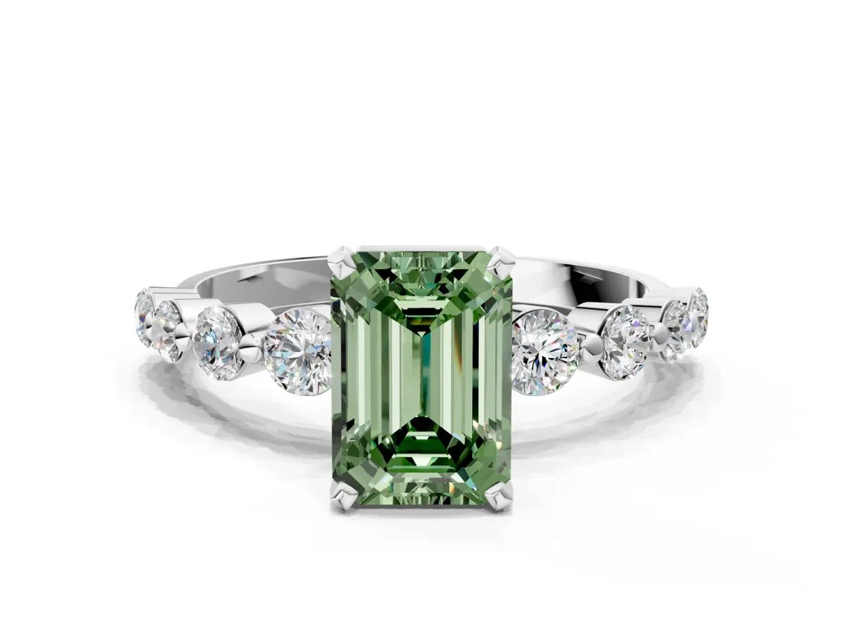 Fancy Green Emerald Cut Solitaire Diamond Ring with Pave Band and Four-Prong Setting Platinum