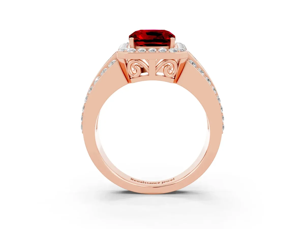 Cushion Cut Halo Ruby Ring with Round Split Shank and Prong Setting Rose gold